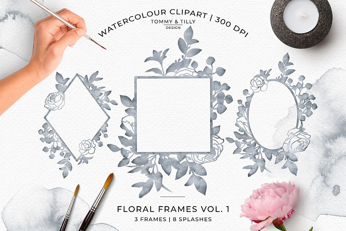 Watercolour Mist Grey Floral Frames - Wedding Clipart PNG example image 1