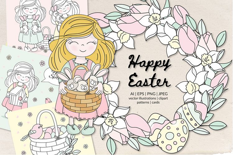 HAPPY EASTER Seamless Pattern Vector Illustration Set example image 1