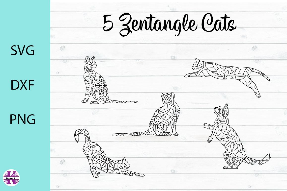 5 Zentangle Cats - SVG DXF PNG example image 1