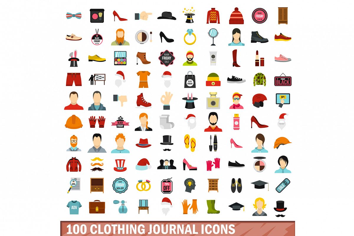 100 clothing journal icons set, flat style example image 1