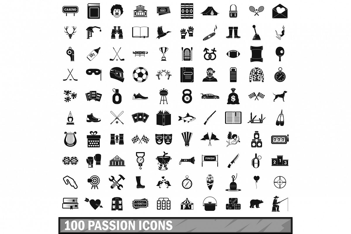 100 passion icons set, simple style example image 1