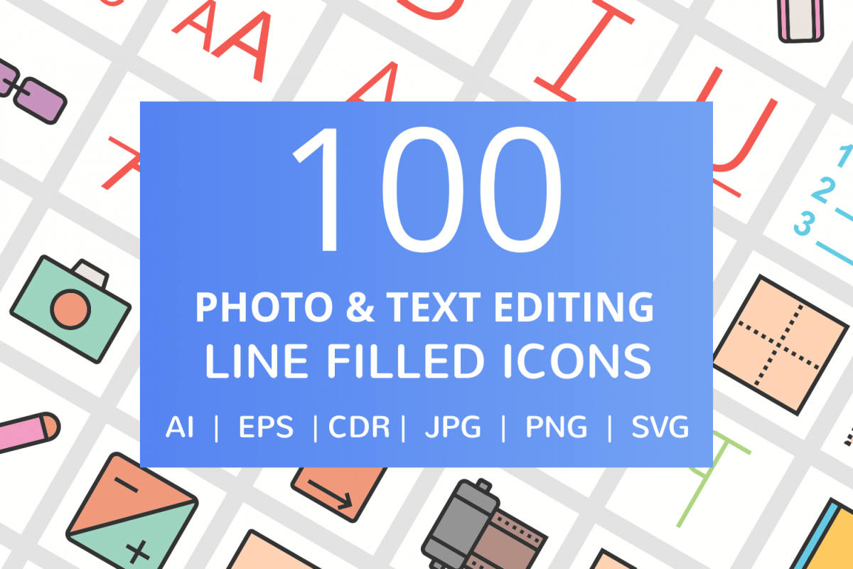 100 Photo & Text Editing Filled Line Icons example image 1
