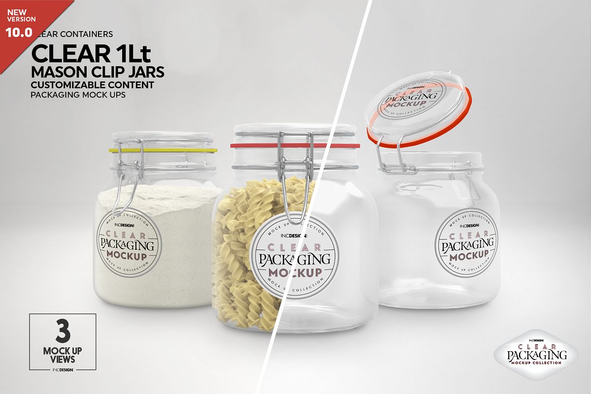 Clear 1Liter Mason Clip Jar Packaging Mockup example image 1