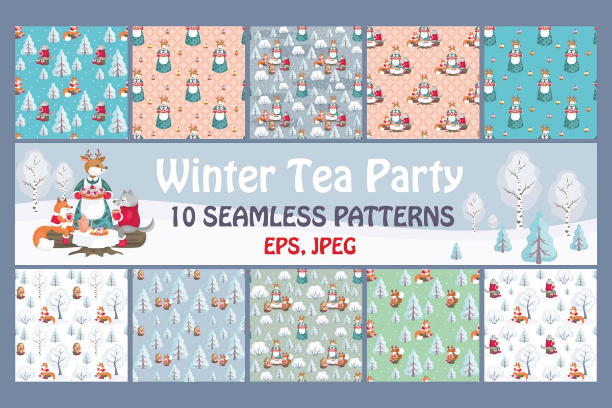 Winter Tea Party. Seamless patterns set. example image 1