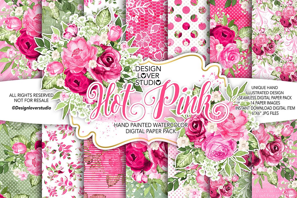 Watercolor HOT PINK digital paper pack example image 1