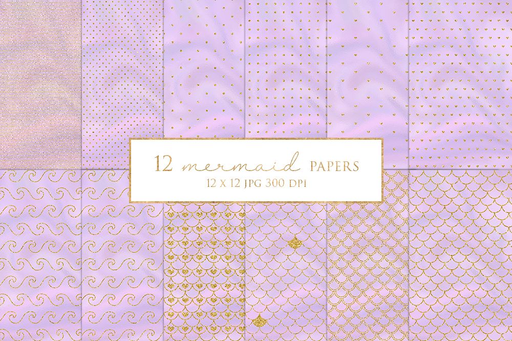 12 Gold Glitter Mermaid Digital Paper Pack example image 1