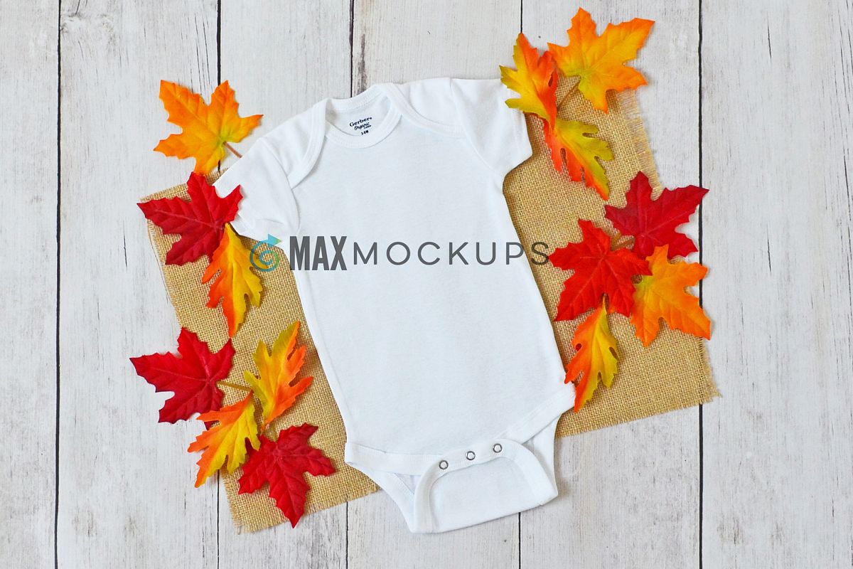 Baby bodysuit Mockup, Fall leaves, flatlay stock photo example image 1