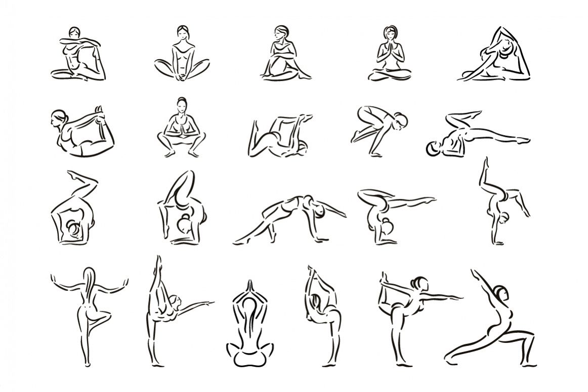 Set of yoga pose woman silhouettes in a linear sketch style.