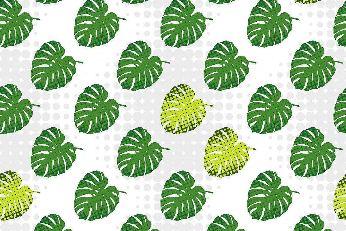 Monstera leaves in halftone style. Seamless vector background. Summer tropical design. Textile rapport. example image 1