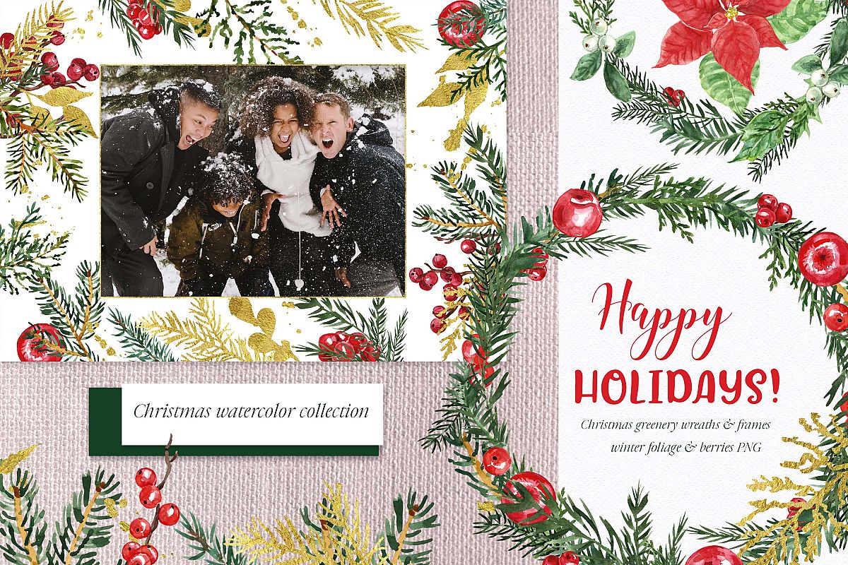 Watercolor Christmas Wreath Holiday Winter Borders Greenery example image 1