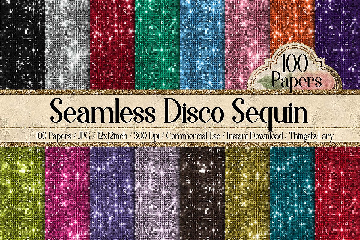 100 Seamless Glowing Bling Bling Disco Sequin Digital Papers example image 1