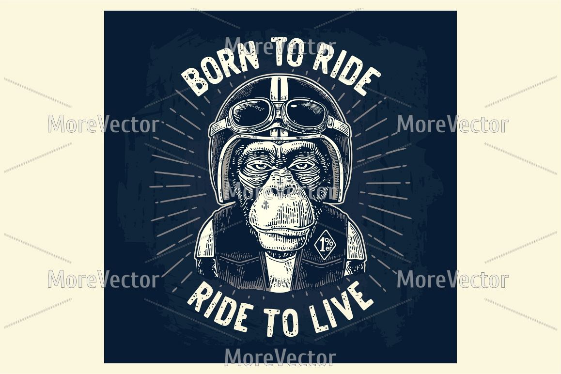 Monkey biker dressed in the motorcycle helmet, waistcoat and glasses. Born to ride lettering example image 1