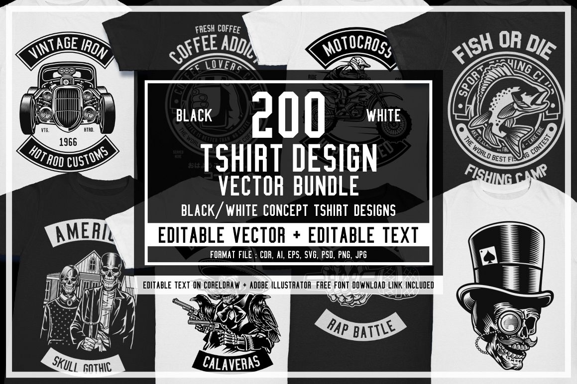 200 Vector Tshirt Designs B W Concept