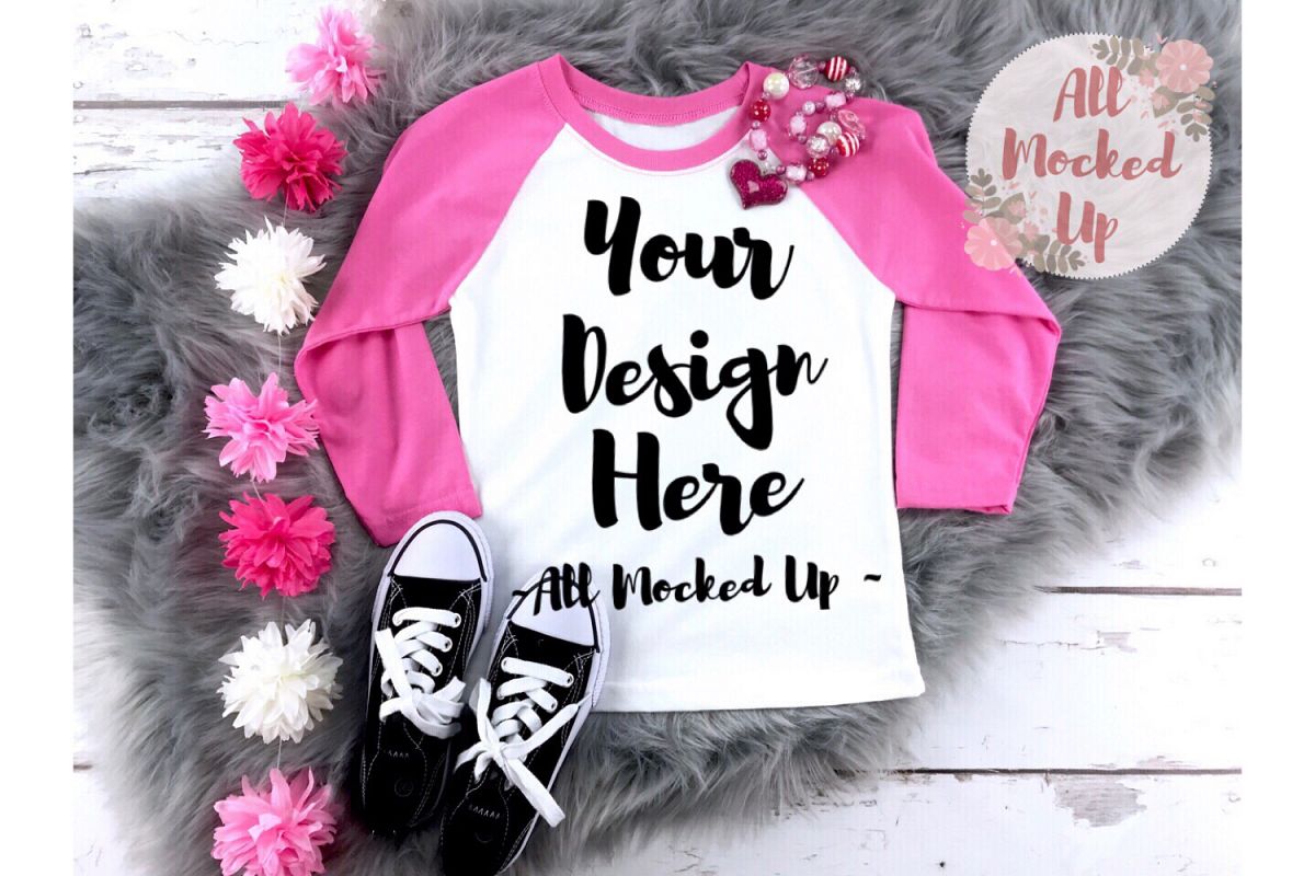 Next Level 3352 Youth Raglan Mock Up - HOT Pink Sleeves example image 1