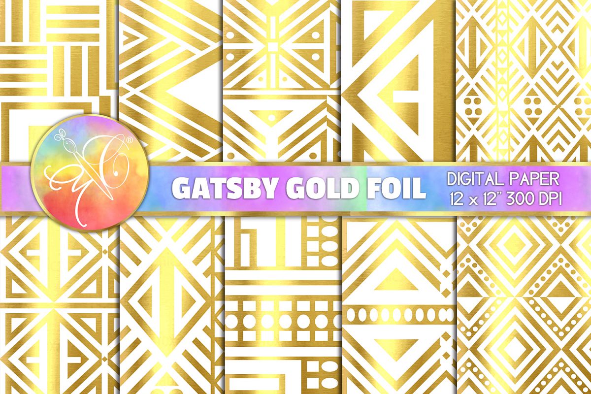 Art Deco Digital Paper, Gatsby, White and Gold Backgrounds example image 1
