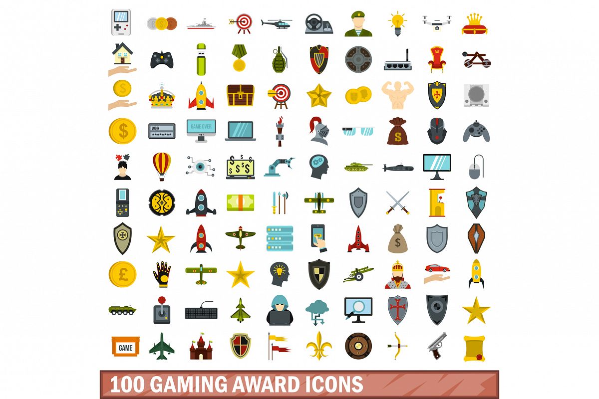 100 gaming award icons set, flat style example image 1
