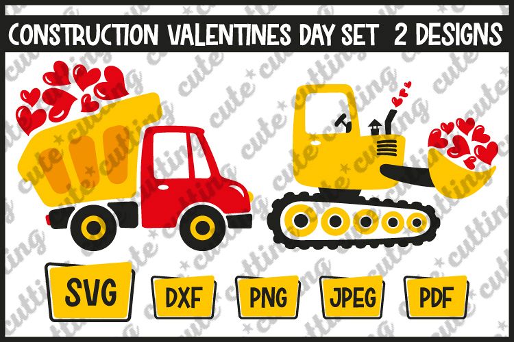Dump truck with hearts, excavator with hearts svg, png, dxf example image 1