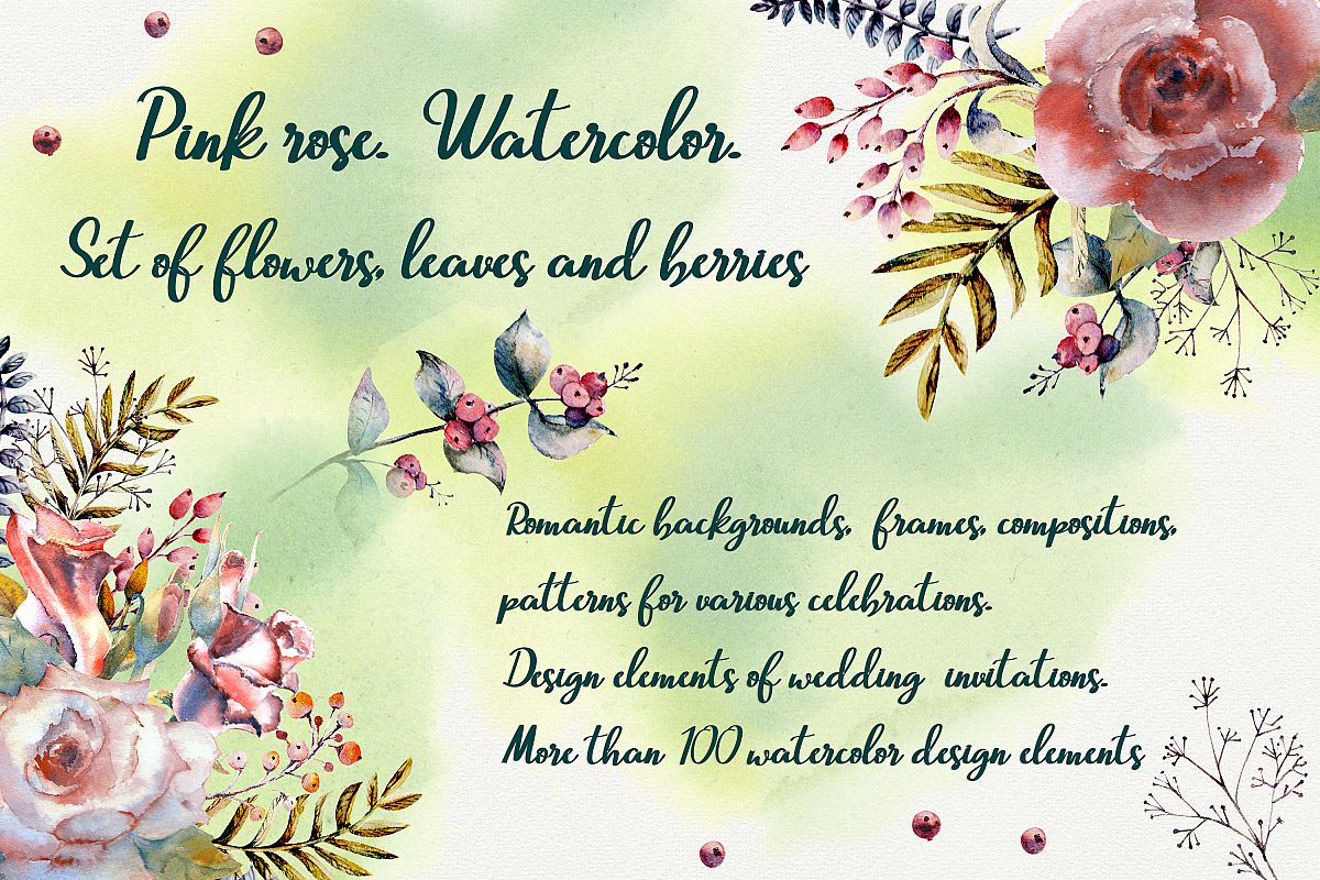 Pink rose. Watercolor. Set of flowers, leaves and berries. example image 1
