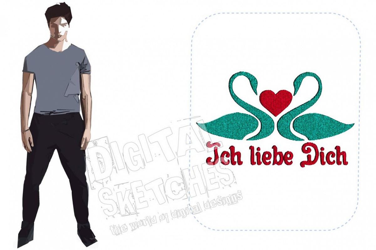 Ich Liebe Dich Swan Machine Embroidery Design 3 Sizes example image 1