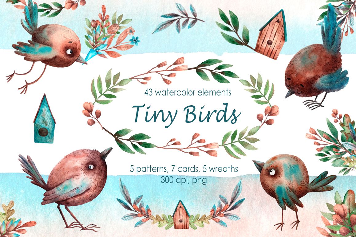 Tiny Birds - Watercolor Clip Art Set example image 1
