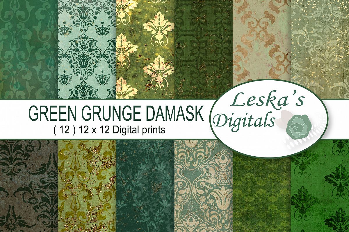 Green Grunge Digital Paper Damask example image 1