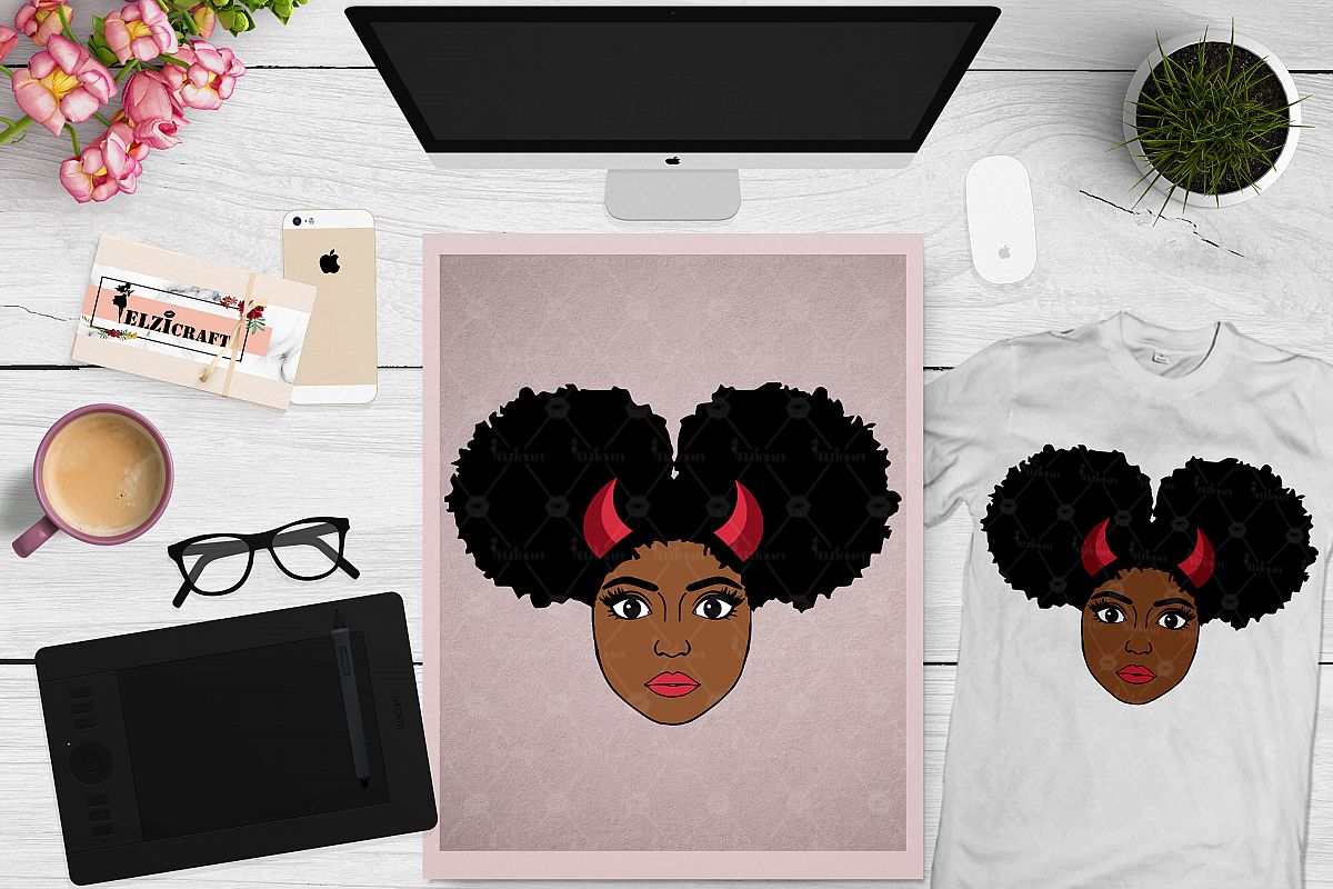 Afro Girl, Afro Puff, Devil Girl, Devil SVG Cut File example image 1
