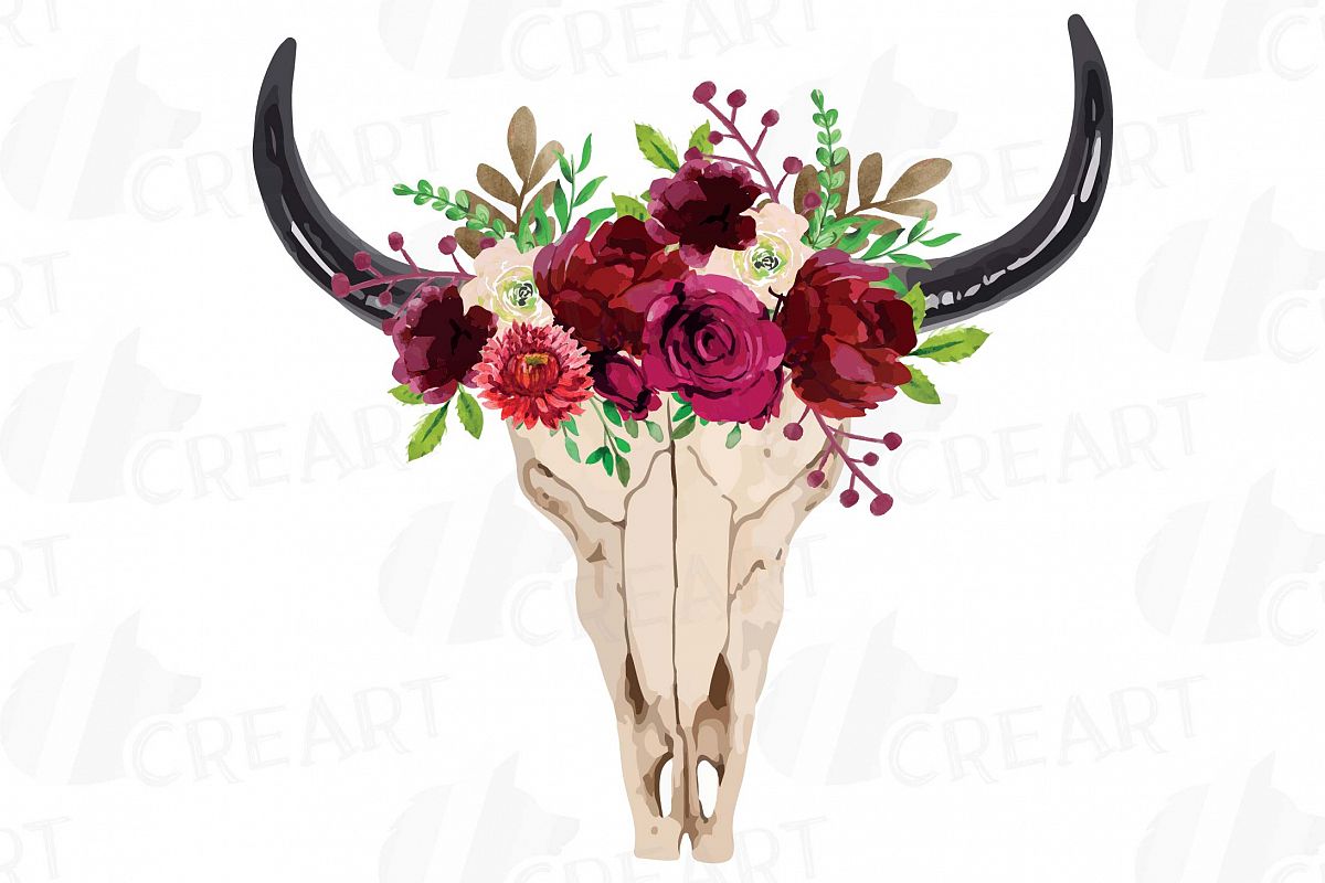 Download Watercolor Floral Bull Skull clipart, Indian Tribal vector (109472) | Illustrations | Design Bundles