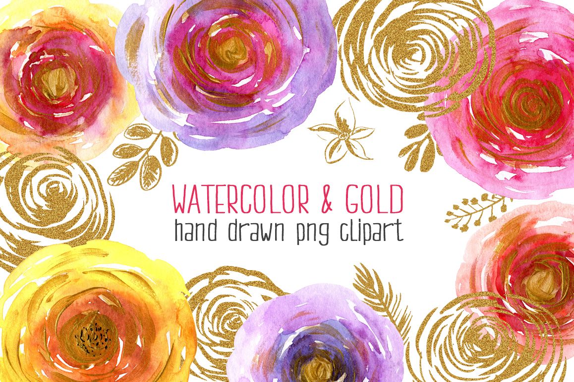 Watercolor & gold flowers, leaves example image 1
