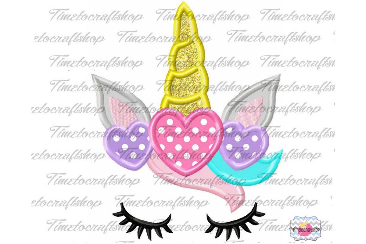 Valentine Unicorn Hearts and Eyelashes Applique Embroidery example image 1
