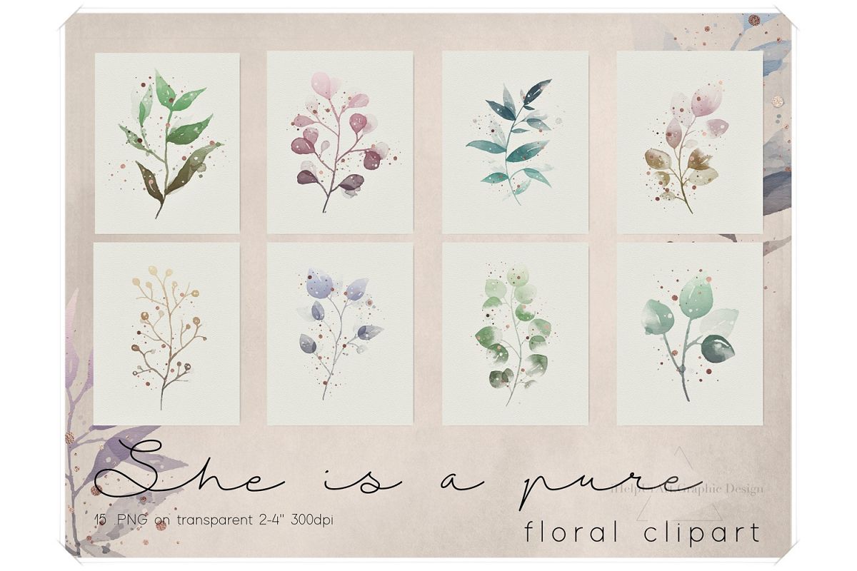 Watercolor and Rose Gold Floral Clipart example image 1