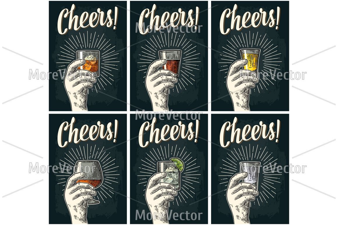 Male hand holding glass with brandy, tequila, gin, vodka, rum, whiskey. Cheers calligraphy lettering example image 1