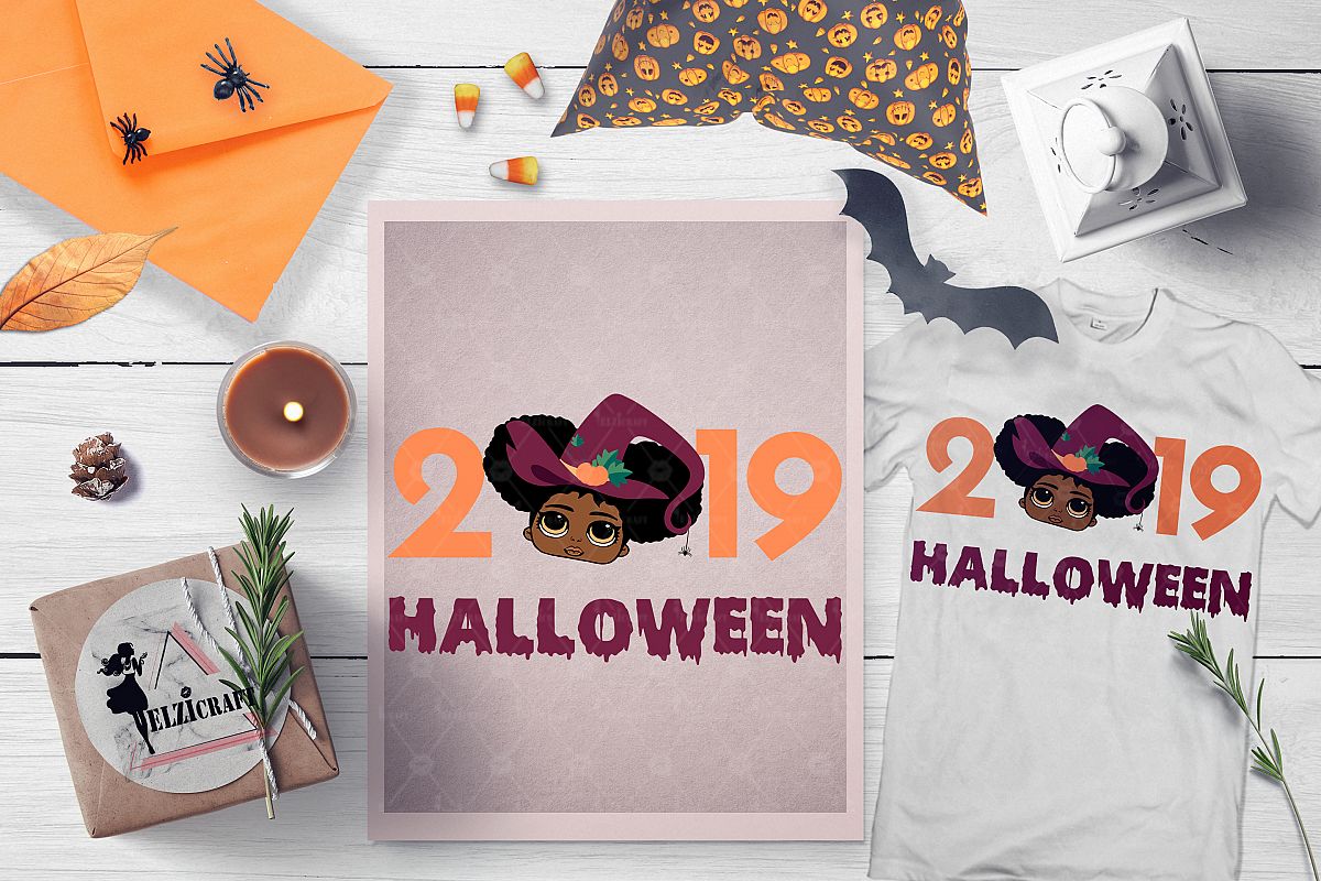 Halloween 2019 Cute Afro Girl Witch Salem SVG Cut File example image 1