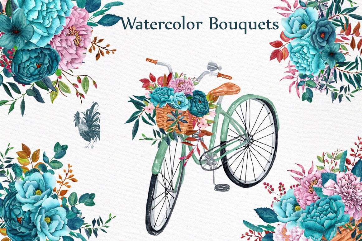 Watercolor floral bicycle clipart example image 1
