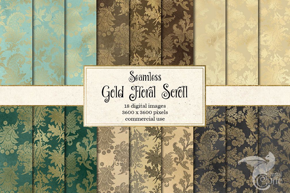 Gold Floral Scroll Digital Paper example image 1