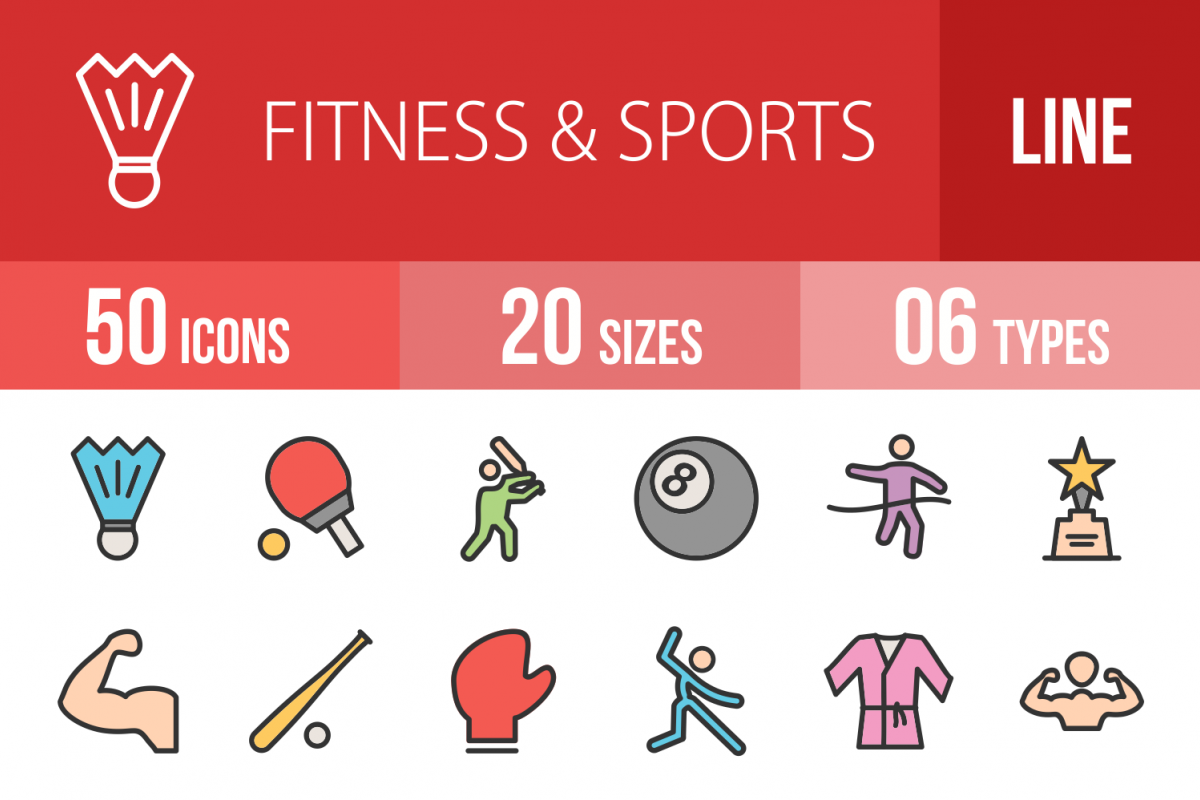 50 Fitness & Sports Linear Multicolor Icons example image 1