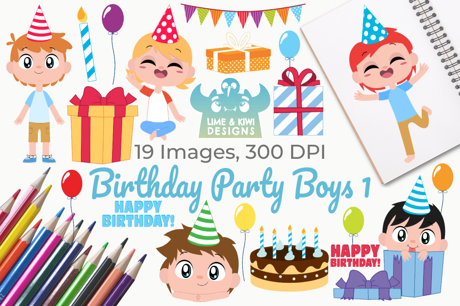 Birthday Party Boys 1 Clipart, Instant Download Vector Art example image 1