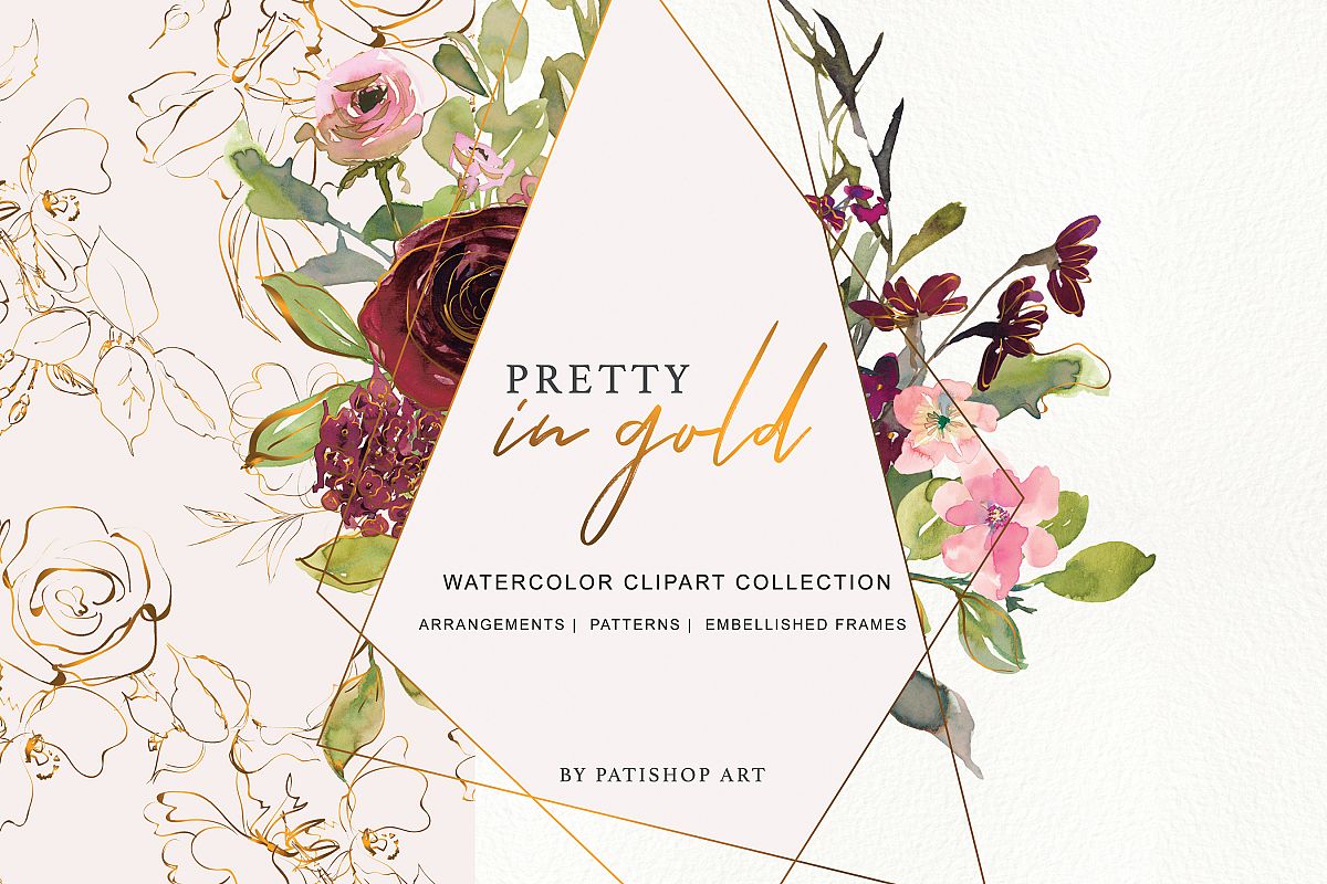 Watercolor Burgundy Blush and Gold Floral Bouquet Clipart example image 1