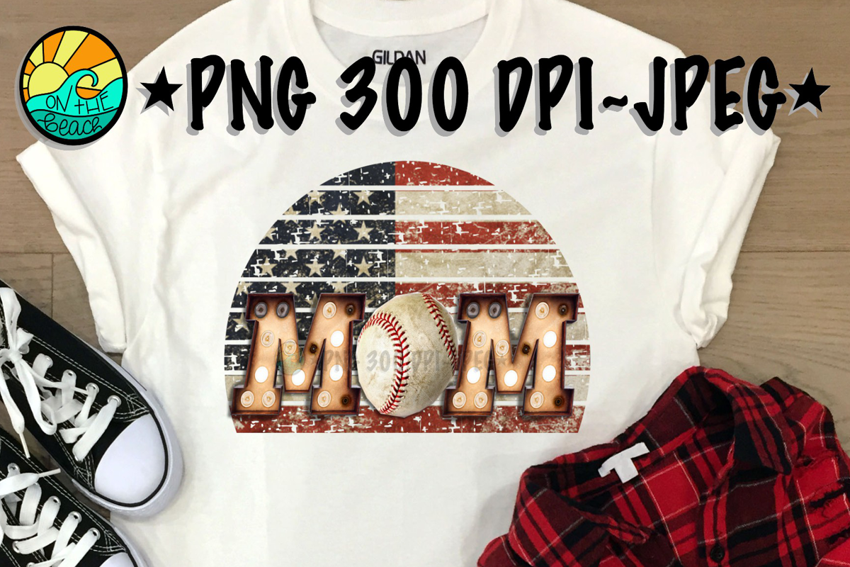 Baseball Mom - Vintage - American Flag - PNG 300 DPI example image 1