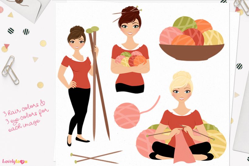 Woman knitting character clip art L163 Juliet example image 1