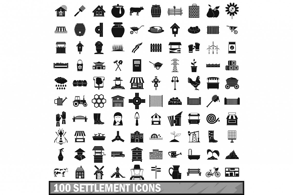 100 settlement icons set, simple style example image 1