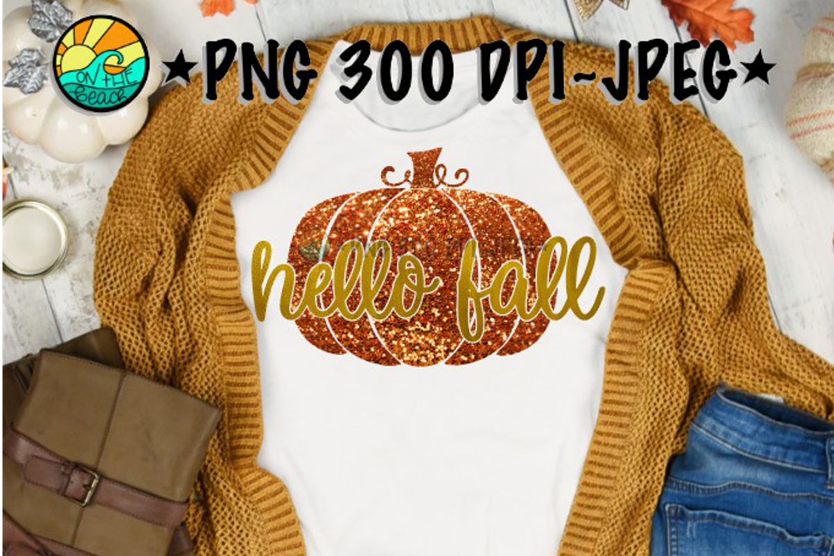 Hello Fall - Pumpkin - Glitter - PNG for Sublimation & JPEG example image 1