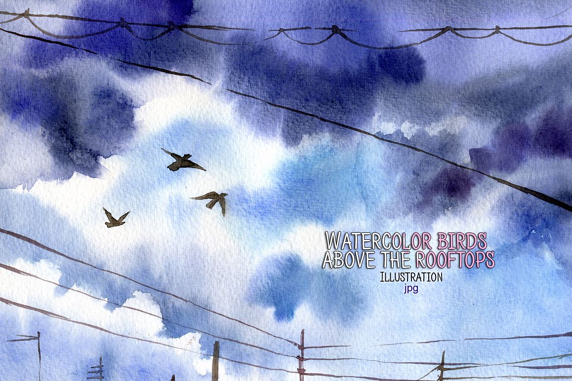 Watercolor birds above the rooftops example image 1