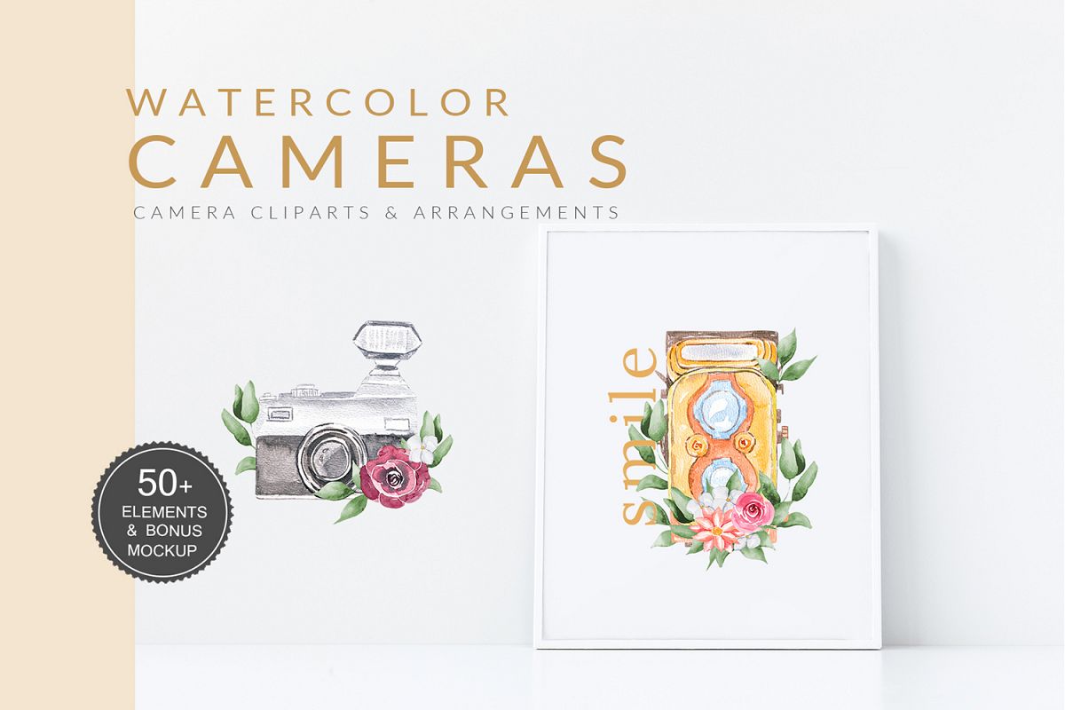 Watercolor Camera Clipart Vintage example image 1
