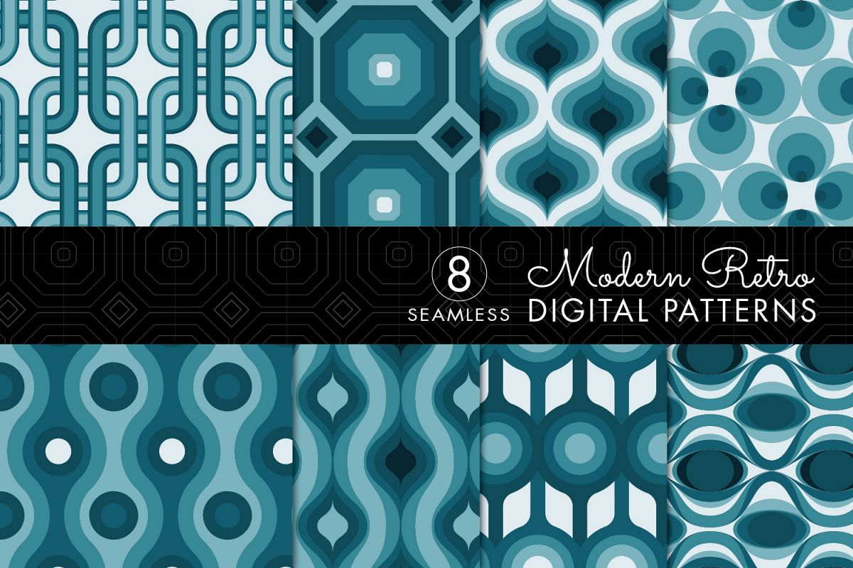 8 Seamless Retro Modern Patterns - Teal example image 1