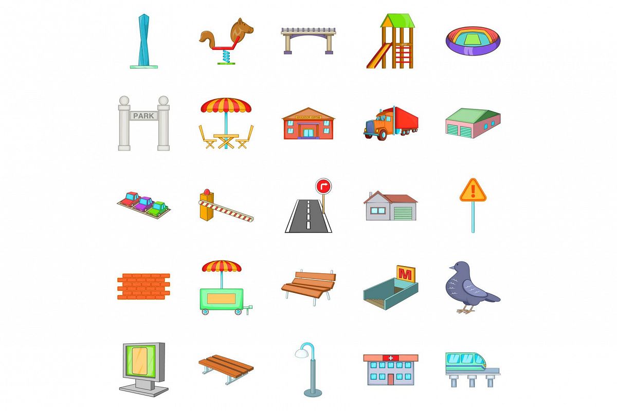 City roads icons set, cartoon style example image 1