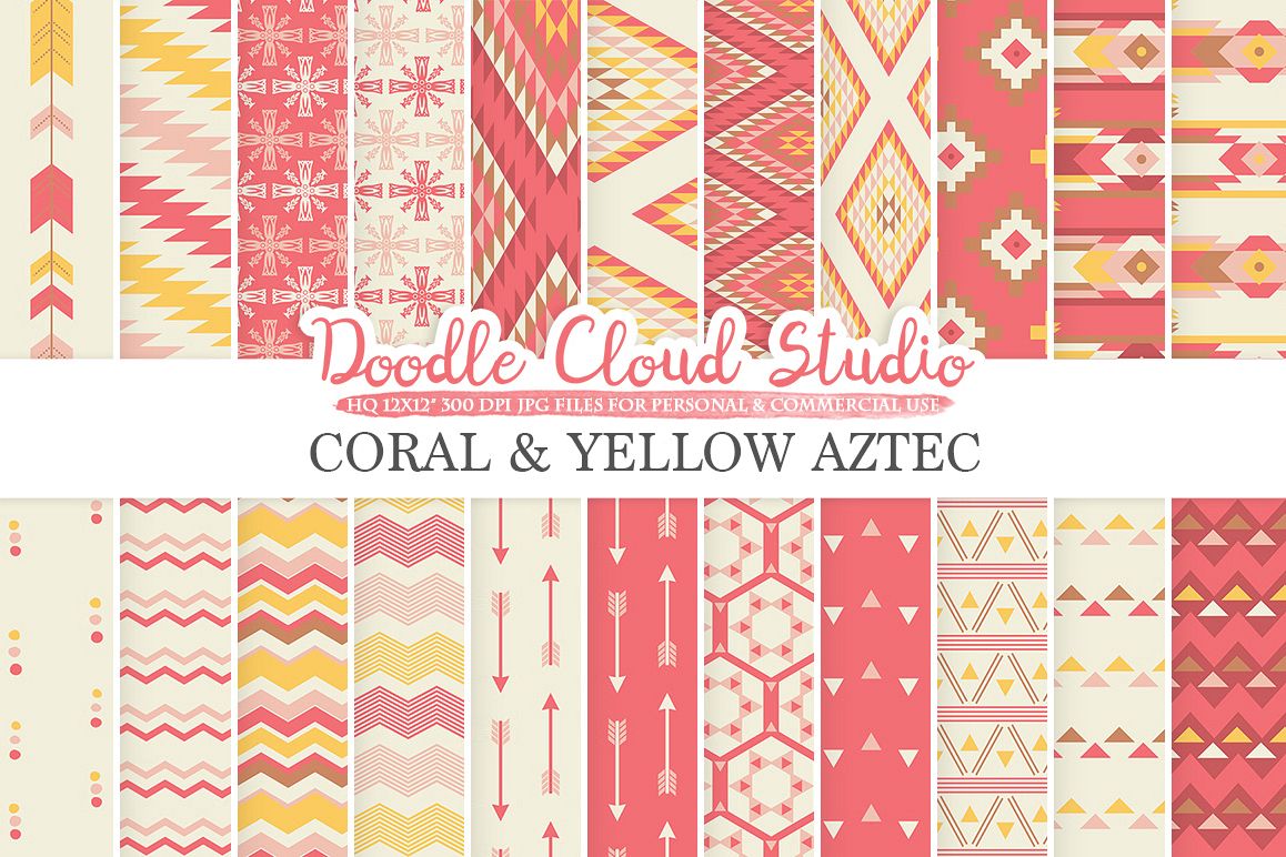 Coral and Yellow Aztec digital paper Pink Tribal patterns native triangles geometric ethnic arrows background for Personal & Commercial Use example image 1