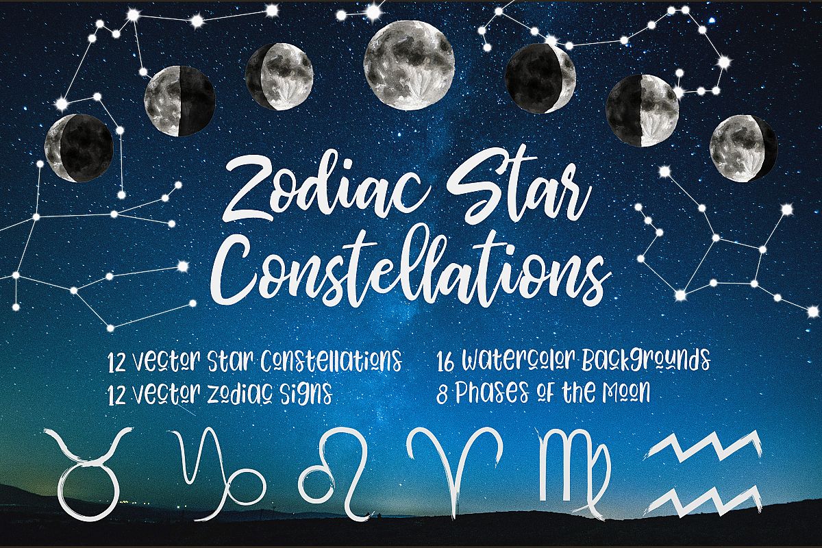 Zodiac Vector Clip Art, Constellations, Signs, Watercolor example image 1
