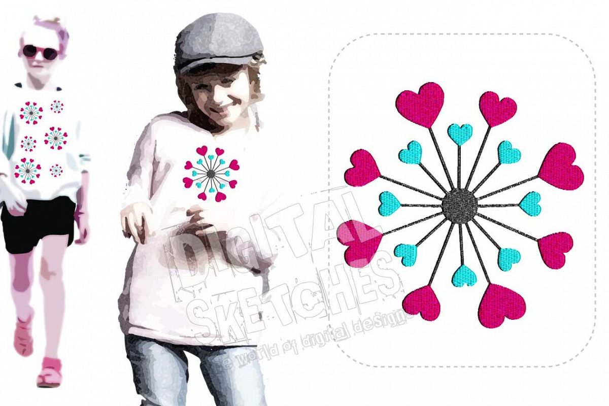 Heart Flower Dandelion Machine Embroidery Design 3 Sizes example image 1