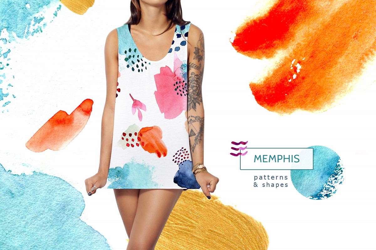 Watercolor memphis patterns & shapes example image 1