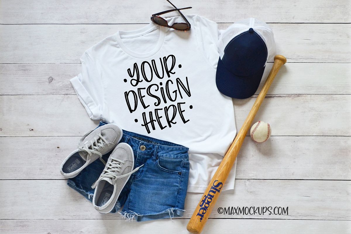 White t-shirt Mockup Bella, baseball hat ball bat flatlay example image 1